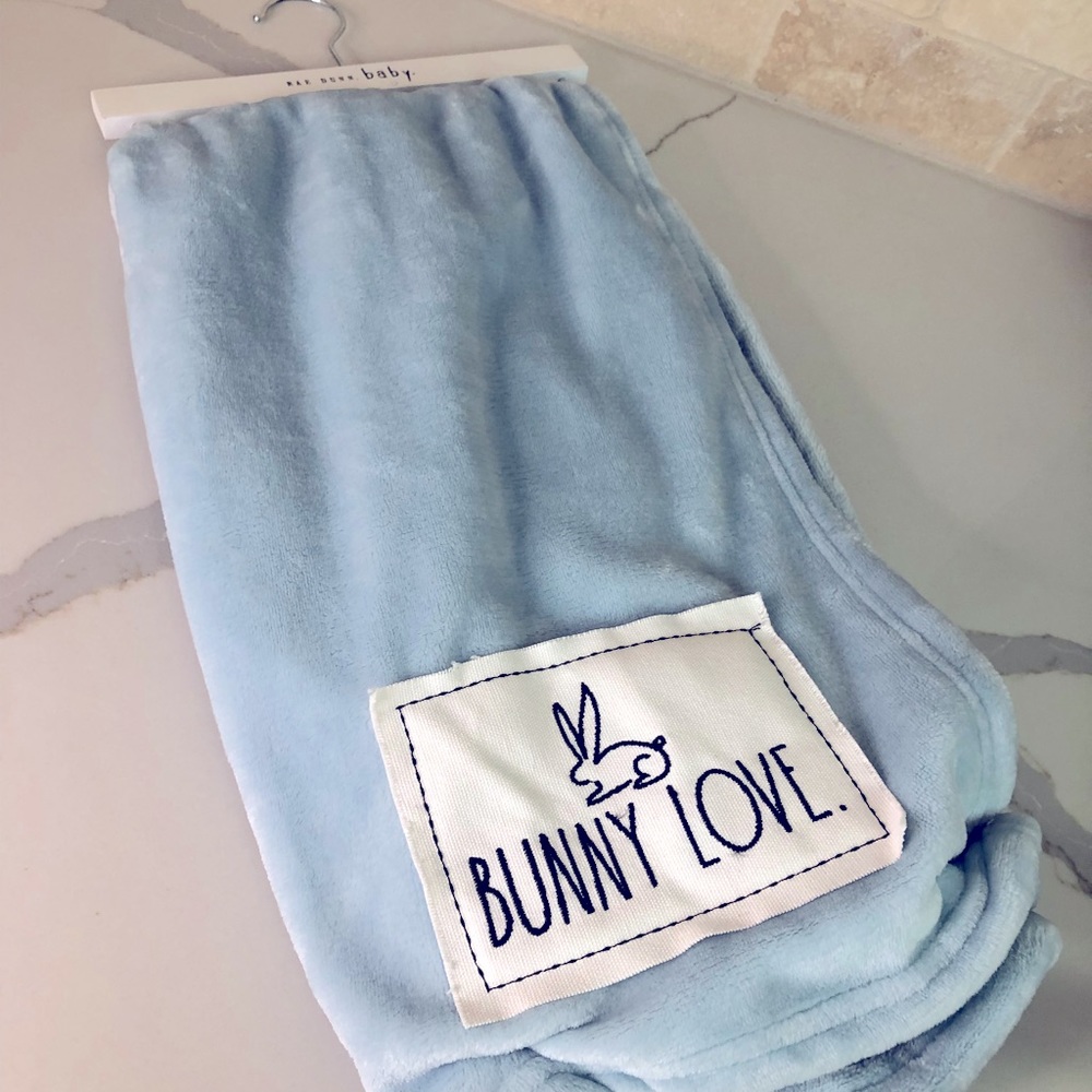 Rae Dunn Fleece Baby Blanket, Baby Blue color, sz 30” x 40”. “Bunny Love”